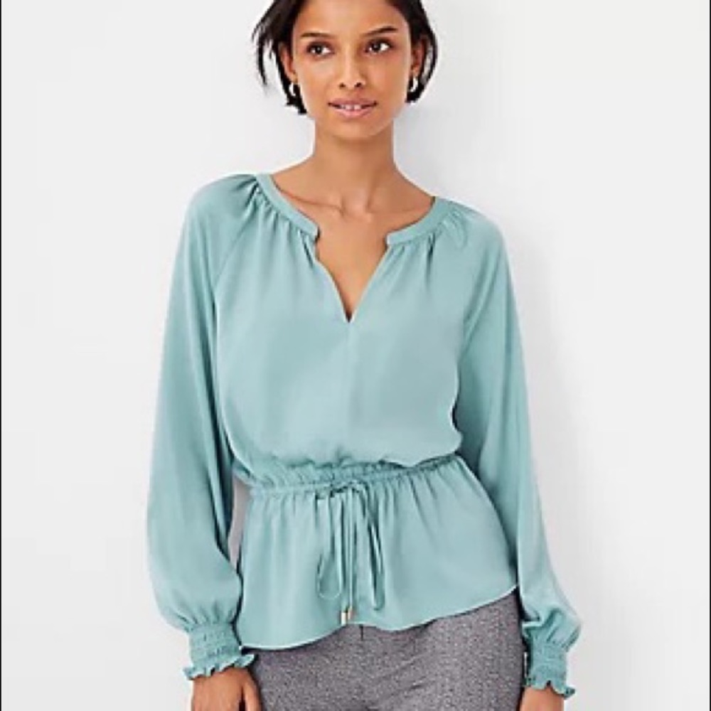 NWT Ann Taylor Smocked Cuff Tie Waist Top in Winter Aqua